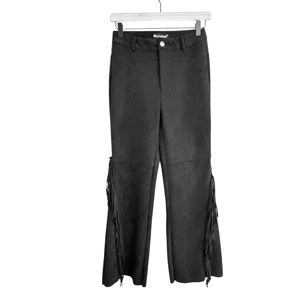 Womens Boho Western Faux Suede Fringe Pants Size S Festival Cowgirl Black